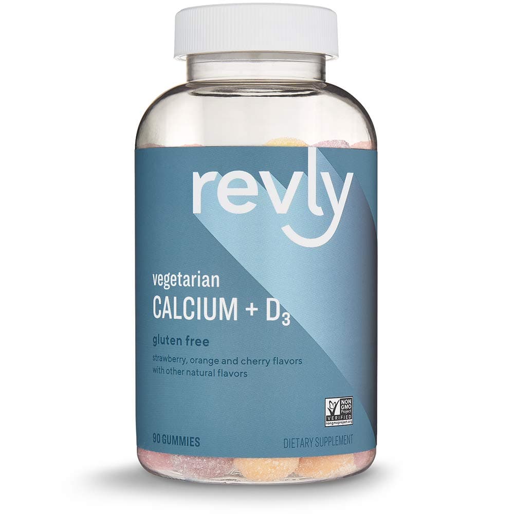 Amazon Brand - Revly Calcium + D3 Gummy, 500 mg Calcium & 1,000 IU Vitamin D3 per serving, Cherry, Strawberry & Orange, 90 Gummies, Supports Strong Bones and Immune Health, Vegetarian, Non-GMO