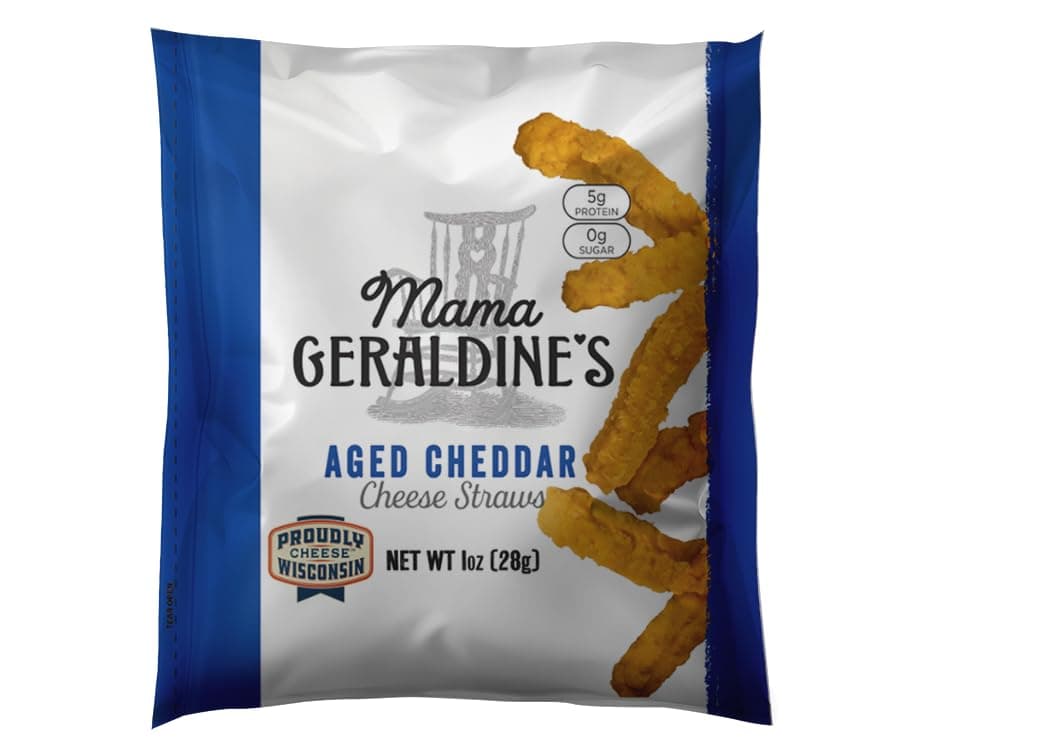- Mama Geraldine's Aged Cheddar Cheese Straws - Protein Packed, Savory and Flavor-Forward, Zero Sugar Low Carb Baked Snack, Crunchy Gourmet Cheese Straws, Bite-Size Appetizer 1 oz (24 Pack)