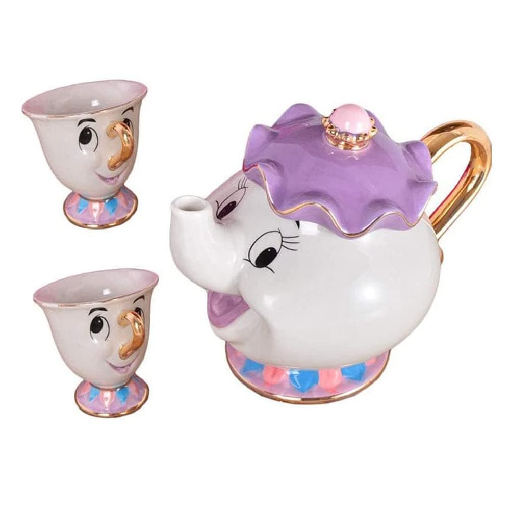 Beauty and The Beast Cartoon Mrs.Potts Chip Tea Pot & Cup set Teapot Mug Potts Sculpted Ceramic Teapot (TeaPot & 2 Cup)