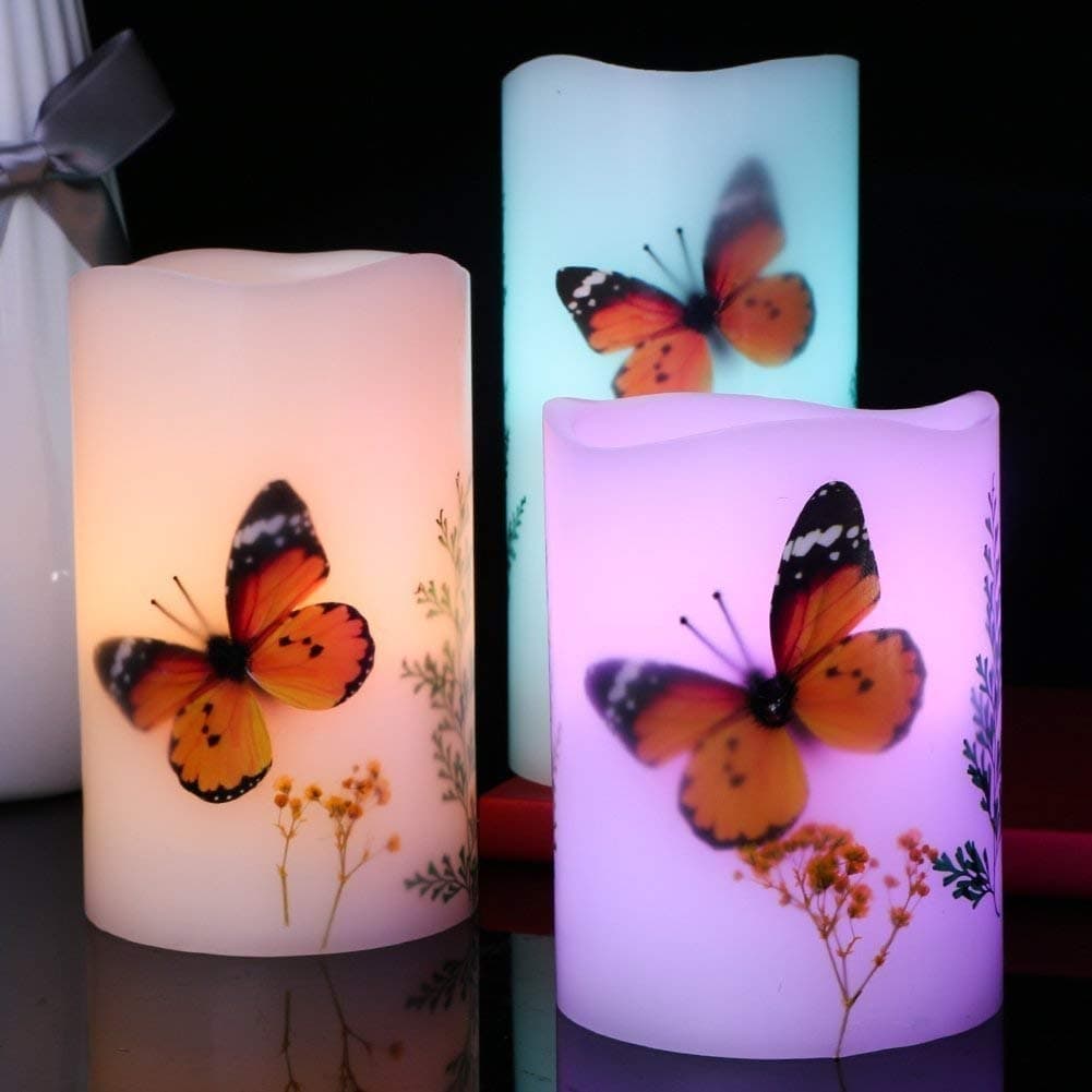 3 PCS LED Candle Tea Light Flameless Candle, Dried Flower Butterfly LED Battery-Powered Candle Light Has 12 Colors and 18-Key Remote Used for Party,Christmas and Wedding Decoration