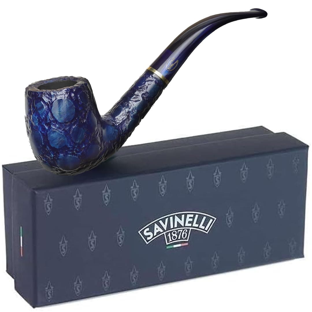 Pipes Alligator Collection 606 KS Bent Billiard - Colorful Hand Stained Italian Wood Briar Pipe, Handmade in Italy, 6mm (Blue)