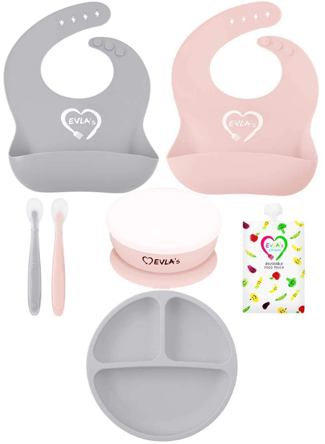 Baby Feeding Set, Baby Led Weaning Supplies, Adjustable Silicone Bibs, Divided Plate, Suction Bowl with Lid, Soft Spoons for Babies or Toddlers, Baby Registry must have!