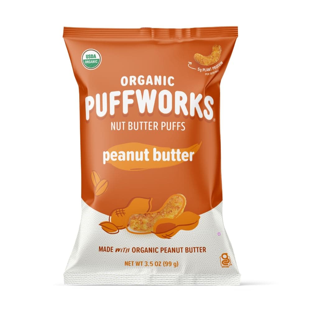 Puffworks Original Organic Peanut Butter Puffs, Plant-Based Protein Snack, No Added Sugar, Gluten- and Rice-Free, Vegan, Kosher, 3.5 Ounce (Pack of 3)