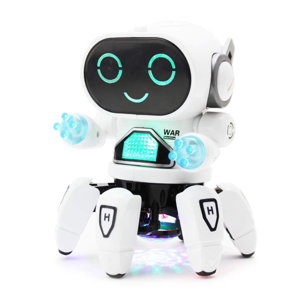 Pioneer Dancing Robot in White and Blue - Walking Dancing Electronic Robot Toy for Kids with Disco Flashing Lights and Dance Music - Battery Operated