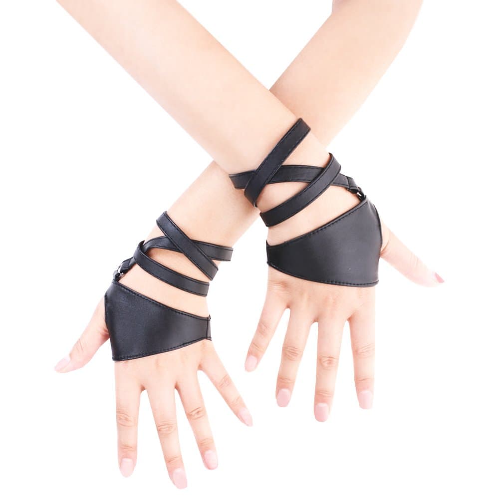 JISEN Women Half Palm Fingerless PU Leather Night Bar Band Up Punk Gloves