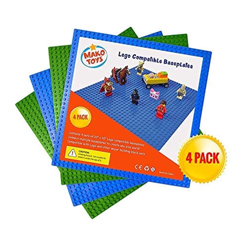 Lego Compatible Baseplates (4 pieces of 10" x 10") in Blue and Green, Works with Major Brick Building Sets, Wonderful Plate for Kids