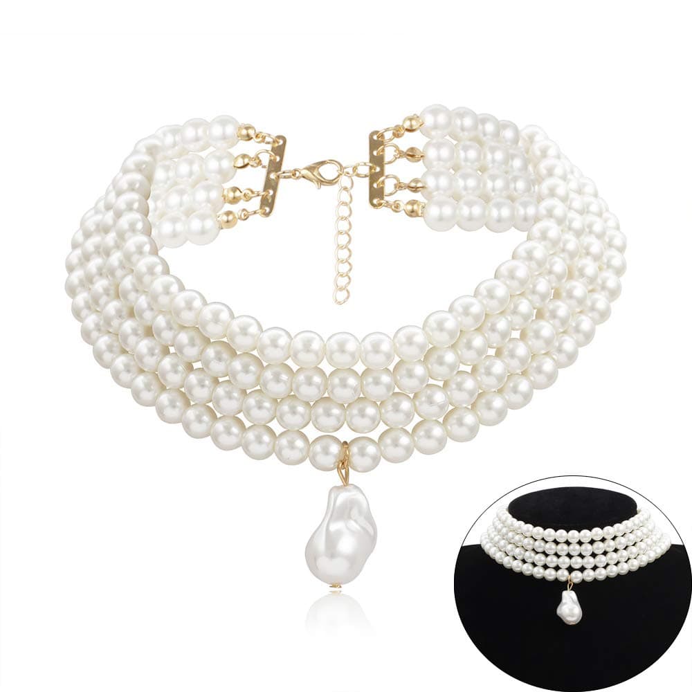 Daimay Wedding Suite Beads Choker Necklace 4 Rows Choker Simulated Pearl Rhodium Plated Elegance Statement Charm 1920s Women's Necklace Multi Layer Choker Chain Rounds