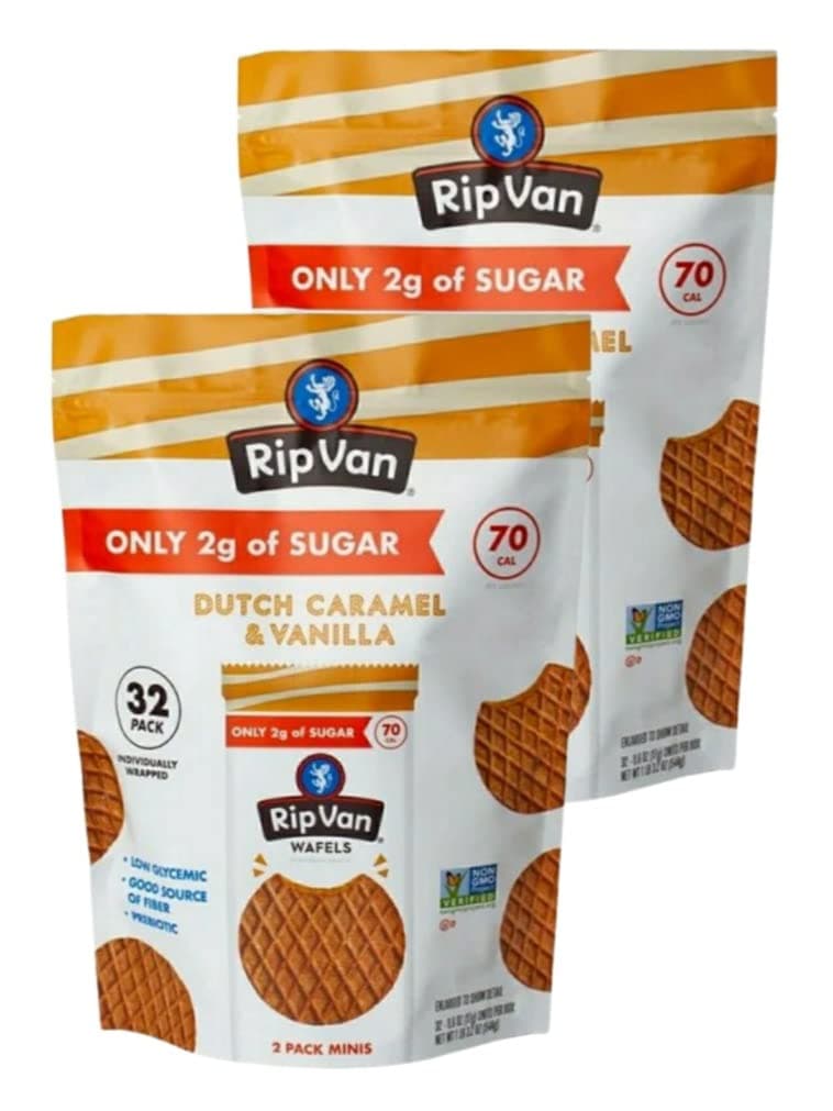 Rip Van Wafels European Snack Dutch Caramel and illa Mini Cookies - Pack of 2 Bags - 32 Snack Packs Per Bag - 64 Snack Packs Total - Only 2g of Sugar - Individually Wrapped 2 Packs