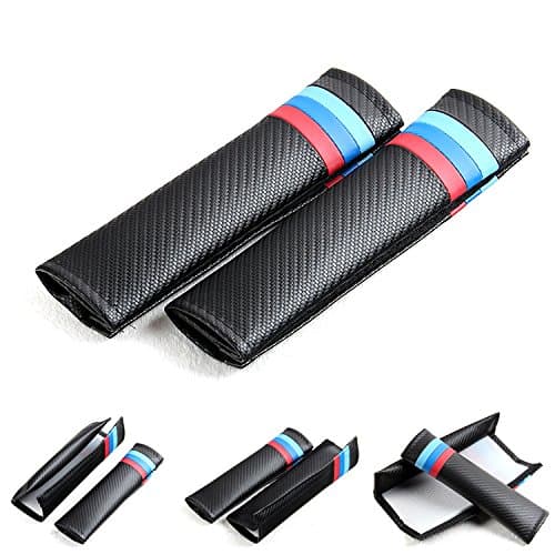 A Set 2 IN 1 Black Carbon Fiber Car Auto Interior Seat Belt Cushion Shoulder Pads For M Power M3 M5 M6 X1 X3 X5 X6 (Blue)
