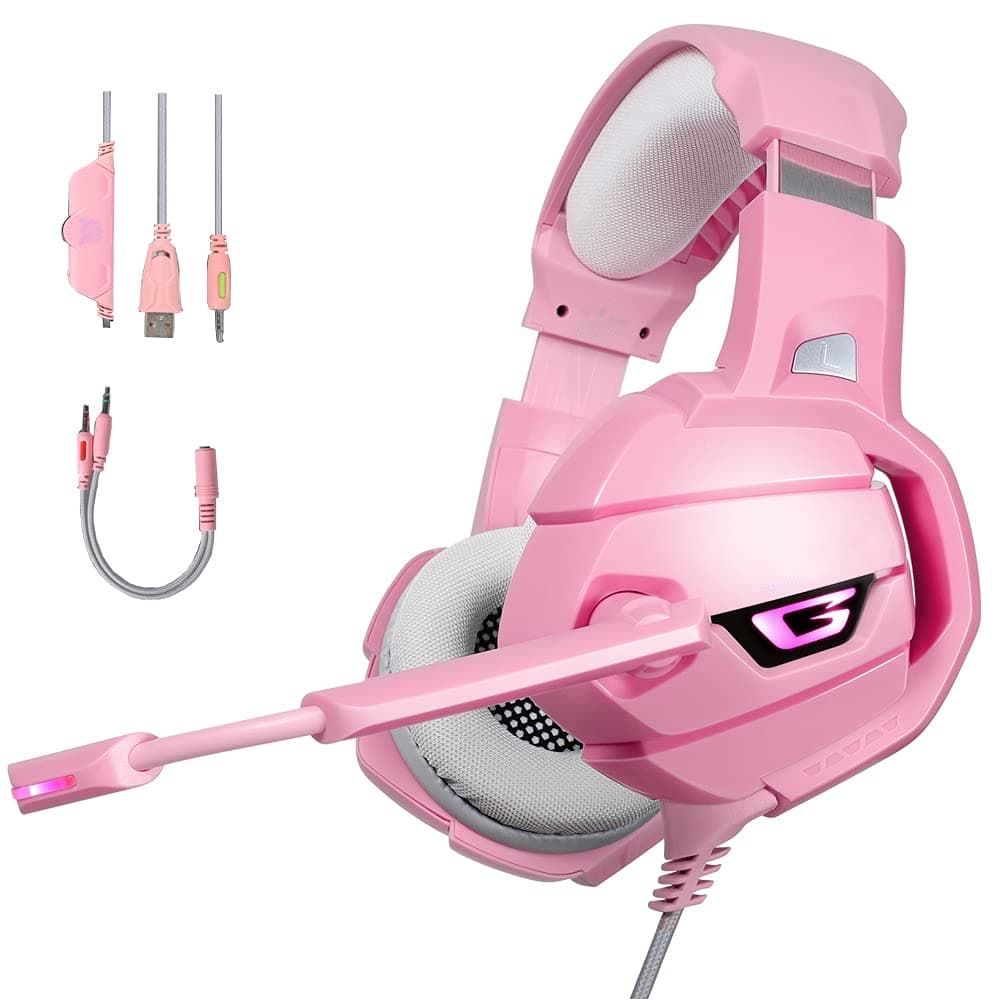 Hoopon KG95 PRO Girls Gaming Headset with Mic LED Light Noise Cancelling for Xbox One, PS5, PS4, PC, All-in-1 Over-Ear Gaming Headphones with 3.5mm Plug & Soft memory earmuffs & Volume Control – Pink