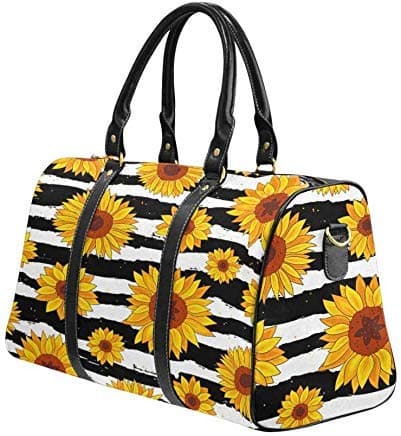 InterestPrint Travel Duffel Bag Waterproof Fabric Overnight Bag Sunflowers on Striped Black and White