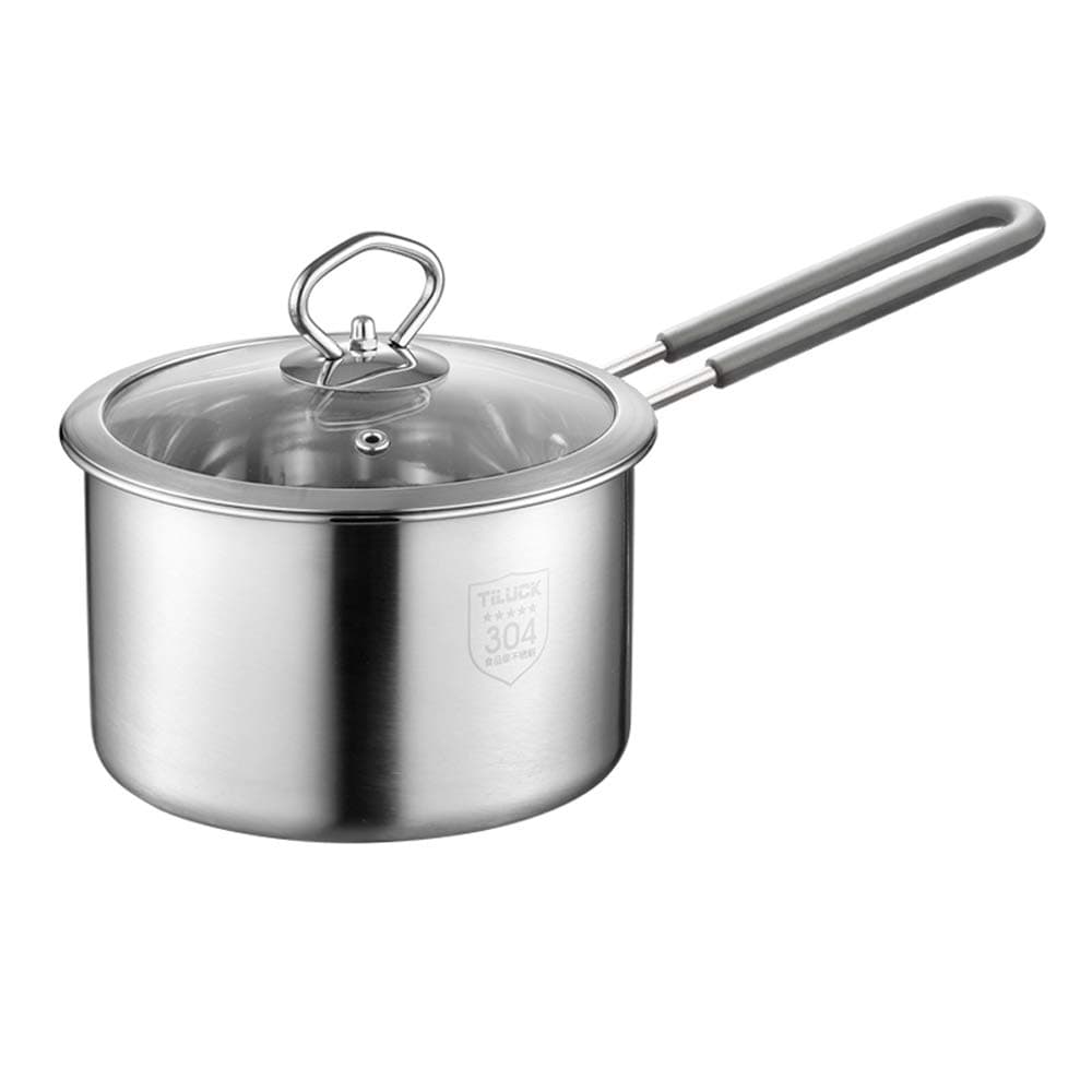 Saucepan with Glass Lid Kitchen Cookware,16 cm Milk Pan - 304 Stainless Steel,Silicone Handle,Dishwasher Safe,Suitable for All hob Types,Silver