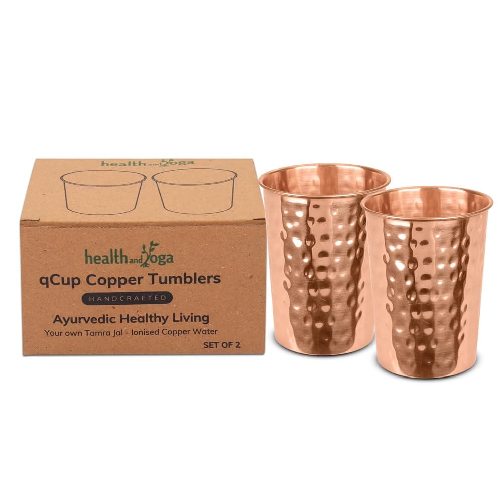 SoulGenie HealthAndYoga™ qCup Pure Copper Tumblers for Drinking - Ayurvedic Health Pure Copper Cups – 2 pcs. set - 250 ml.(8 fl oz) (Hammered)