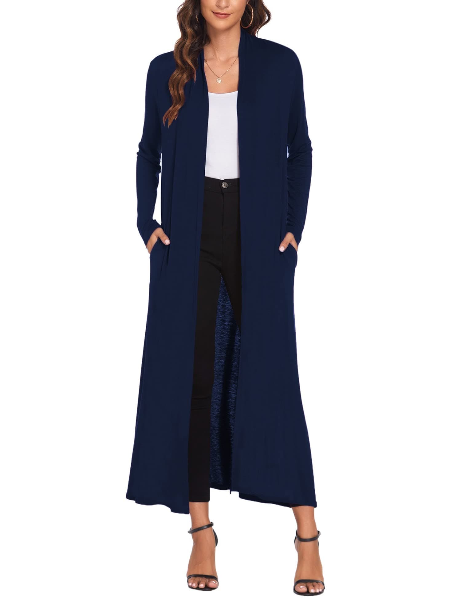 Bluetime Women Floor Length Open Front Cardigan Lightweight Long Sleeve Maxi Duster with Pockets (S-3XL)