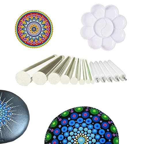Muhuyi 14 Pieces Mandala Rock Dotting Tools Nail Art Painting Tools Set, Including 8 Sizes Flat Head Acrylic Dotting Rods, 5 Pieces Ball Stylus Dotting Pens, 1 Pieces Paint Tray