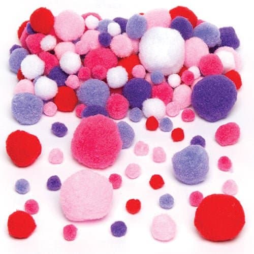 Baker Ross AR258 Soft and Fluffy Pom Poms, Perfect for Decorating Cards, Crafts and Collages, Ideal for Home Projects, Schools Work, Craft Group Activities and More (Pack of 200), Red, Pink & Purple