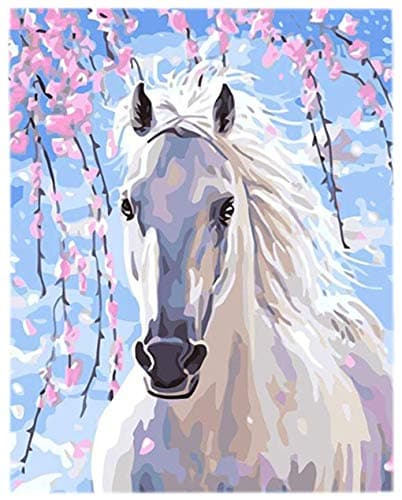 SONBY DIY Paint by Numbers Kits for Adults White Horse Spring Peach Painting by Number for Home Wall Decor,16x20" Unmounted Frameless Canvas,Paints and Brushes