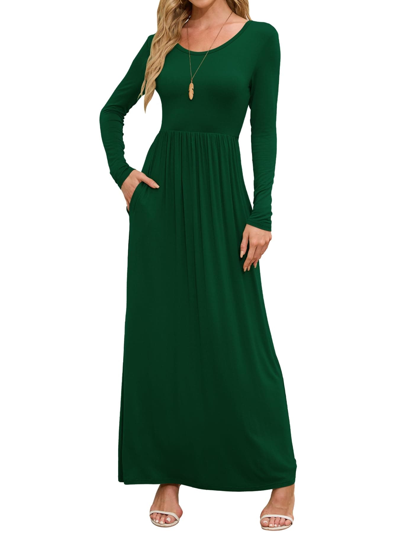 Women Dress Dark Green Medium Crewneck Long Maxi Sleeves Wedding Guest A-line Plain Casual Empire Waist Flowy Party Vintage Spring Fall Winter Floor Dresses with Pocket