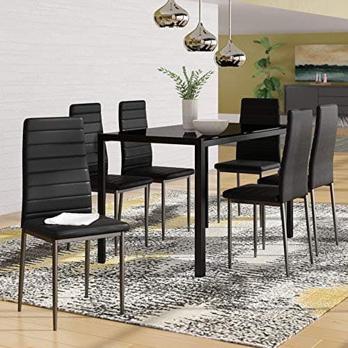 IDS Online MLM-17429-6-BK Modern Glass Dining Table Set, 7 Piece, Black