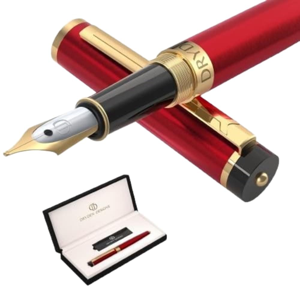 Dryden Designs Fountain Pen. Medium Nib Premium Box | 6 Ink Cartridges Included (Royal Red)