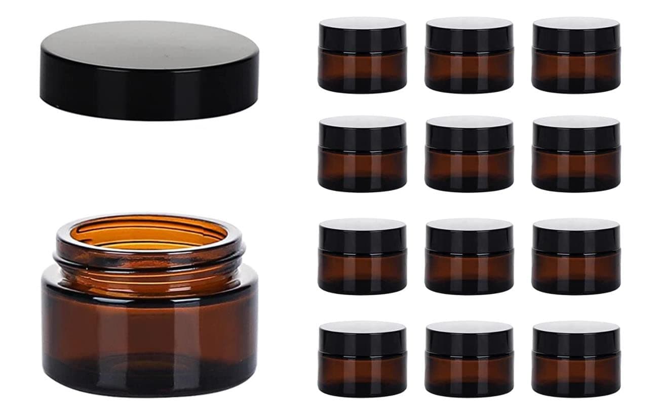 12 Pcs glass cosmetic jar with lid, amber cream glass jar with lid empty sample container, with empty cosmetic box (50ml)