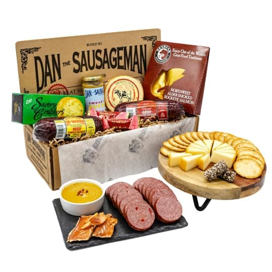 Dan the Sausageman Silver Star Gourmet Meat & Cheese Gift Box – Original & Garlic Summer Sausages, Sweet Hot Mustard, Sockeye Salmon, Water Crackers, Almond Roca – 8-Item Holiday Snack Box