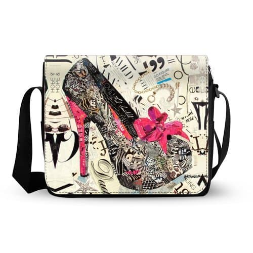 High Heels with Pink Bow Fashion Magazine Design Oxford Fabric Messenger Shoulder Bag Cross Body School or Business Bag