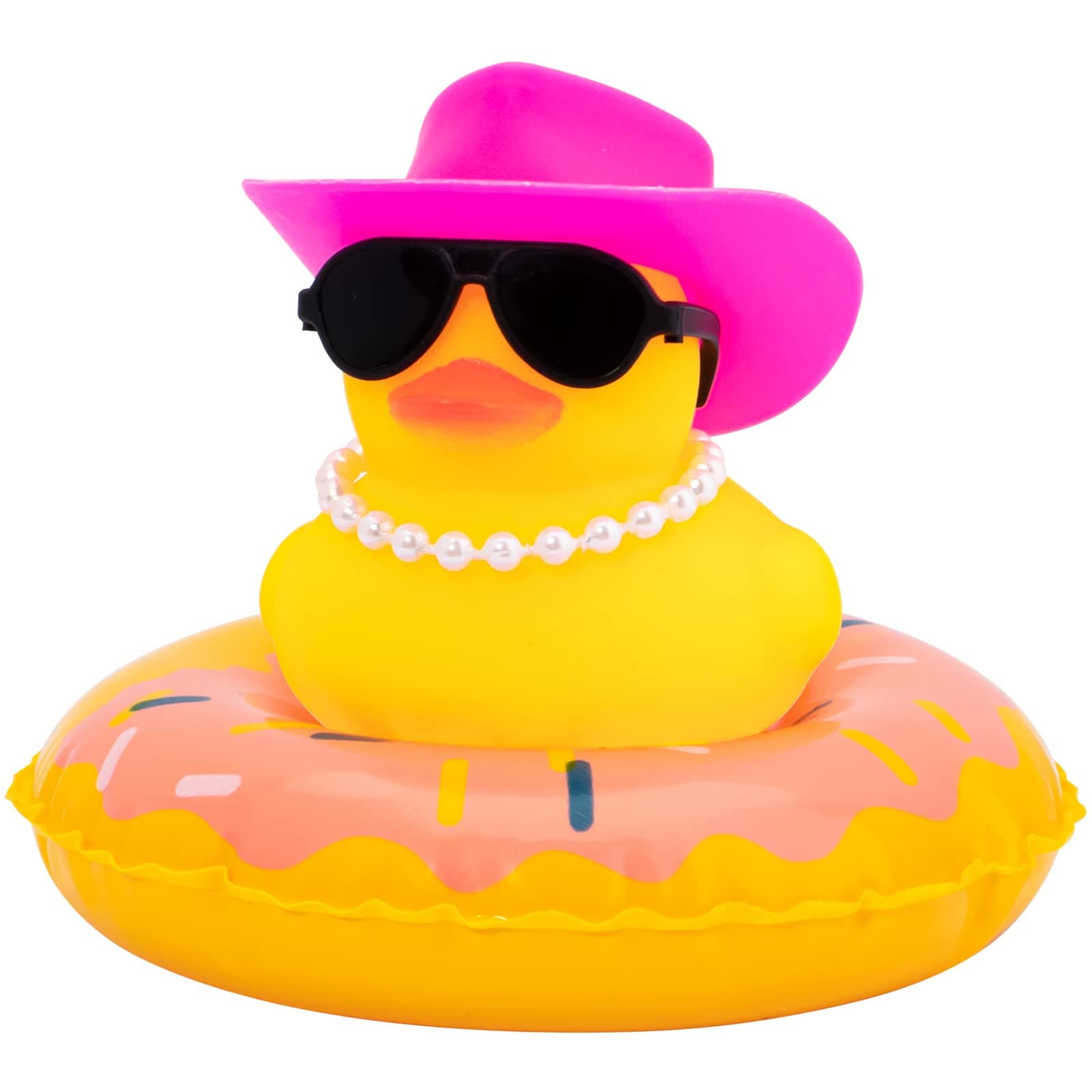 wonuu Car Dashboard Decorations Pink Cowboy Duck, Rubber Ducks for Car Ornament Accessories with Color Sunglasses Cowboy Hat Pearl and Swim Ring, HJ_Pink Cowboy Hat_Preal B_Donut