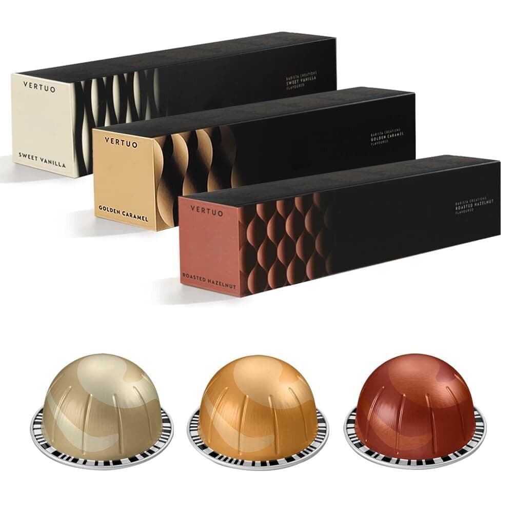 Kaffeekuss Vertuo Line Barista Creations Pack of 3 sleeves: Sweet Vanilla, Golden Caramel, Roasted Hazelnut, 7.77 oz, 30 Coffee Capsules