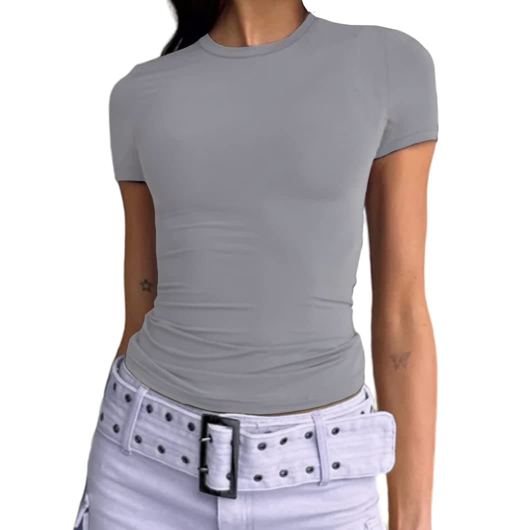 Abardsion Women's Casual Basic Going Out Crop Tops Slim Fit Short Sleeve Crew Neck Tight T Shirts