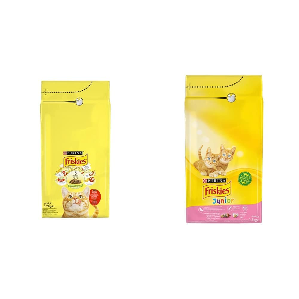 FriskiesPurina Friskies With A Tasty Mix Of Beef And Chicken And With Vegetables, 1.7Kg, Yellow & Purina Friskies Cat Food Junior With Chicken, Milk & Vegetables 1.5kg