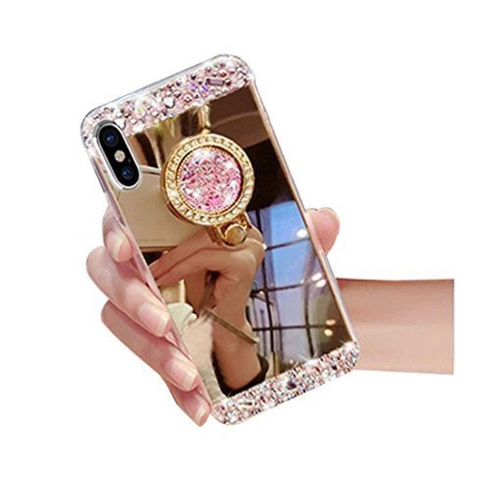 Galaxy Note 10 Case,Lozeguyc Crystal Rhinestone Mirror Glass Case Bling Diamond Soft Rubber Makeup Case for Samsung Galaxy Note 10 with Detachable 360 Degree Ring Stand-Gold