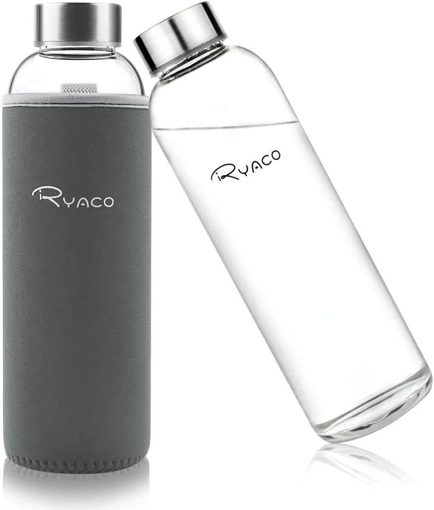 RYACO Glass Water Bottle 550ml/750ml/1000ml/1L,Borosilicate Glass Bottle with Neoprene Protective Case for Hot Cold Drinks,BPA-Free Leak Proof,Dishwasher Safe