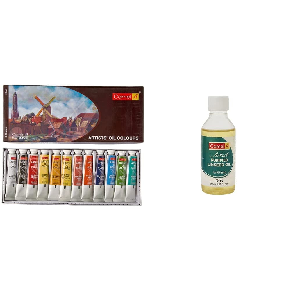 Camel Artist's Oil Color Box - 20ml Tubes, 12 Shades Artist Purified Linseed Oil for Oil Color, 100ml (Yellow)