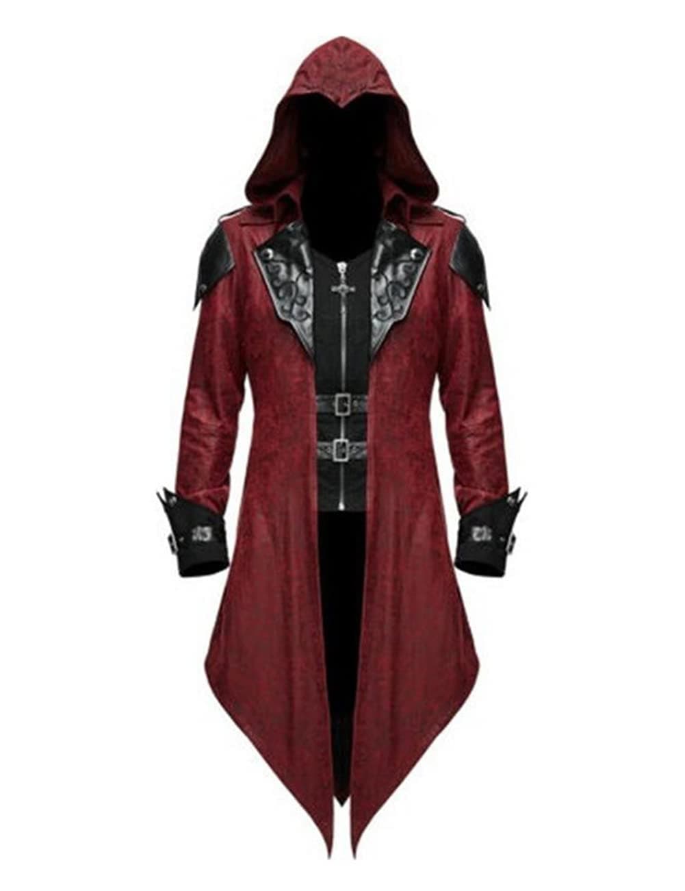 Men's Medieval Tailcoat Steampunk Vintage Spliced Hooded Trench Zipper Coat Gothic Dark Halloween Costume