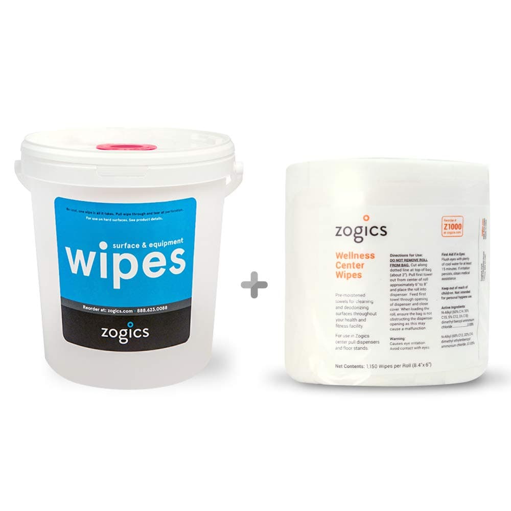 Zogics Wellness Center Heavy Duty Gym Equipment and Surface Cleaning Wipes (1,150 Wipes) + Reusable Wipe Bucket Dispenser