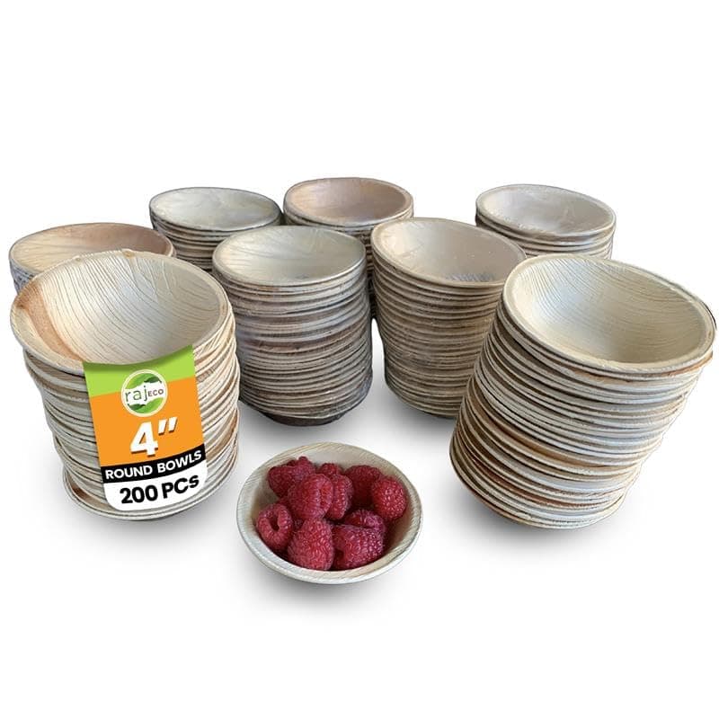 Raj Disposable Palm Leaf Bulk Bowls (200 Count, 4" Bowls) Strong Bowl Like Bamboo Party Bowl - Decorative Compostable Tableware for Lunch, Dinner, Birthday, Outdoor, BBQ, Picnic, Parties