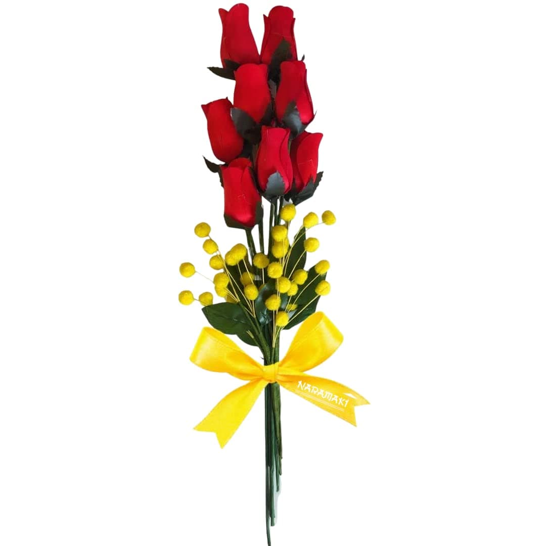 NARAMAKIWomen's Day Gift - Bouquet Of Red Buds With Wood Petals + Artificial Mimoses - Women's Day Gift Idea (BOUQUET)