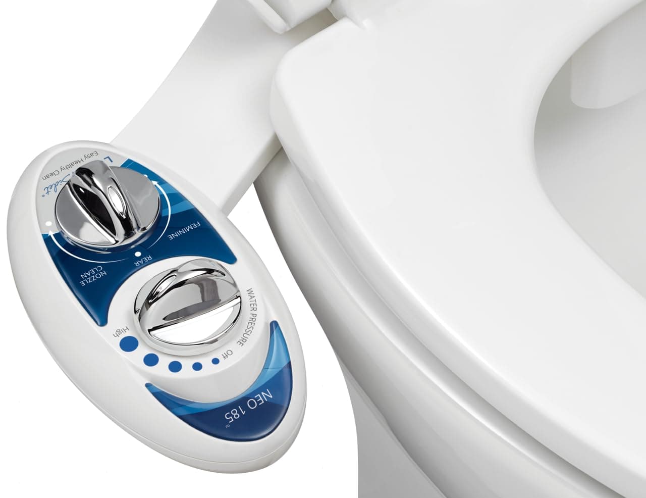 Neo 185 Elite Series Fresh Water Non-Electric Mechanical Bidet Toilet Attachment with Strong Faucet Valves, Metal Hoses, and Self-Cleaning Dual Nozzle, Blue and White