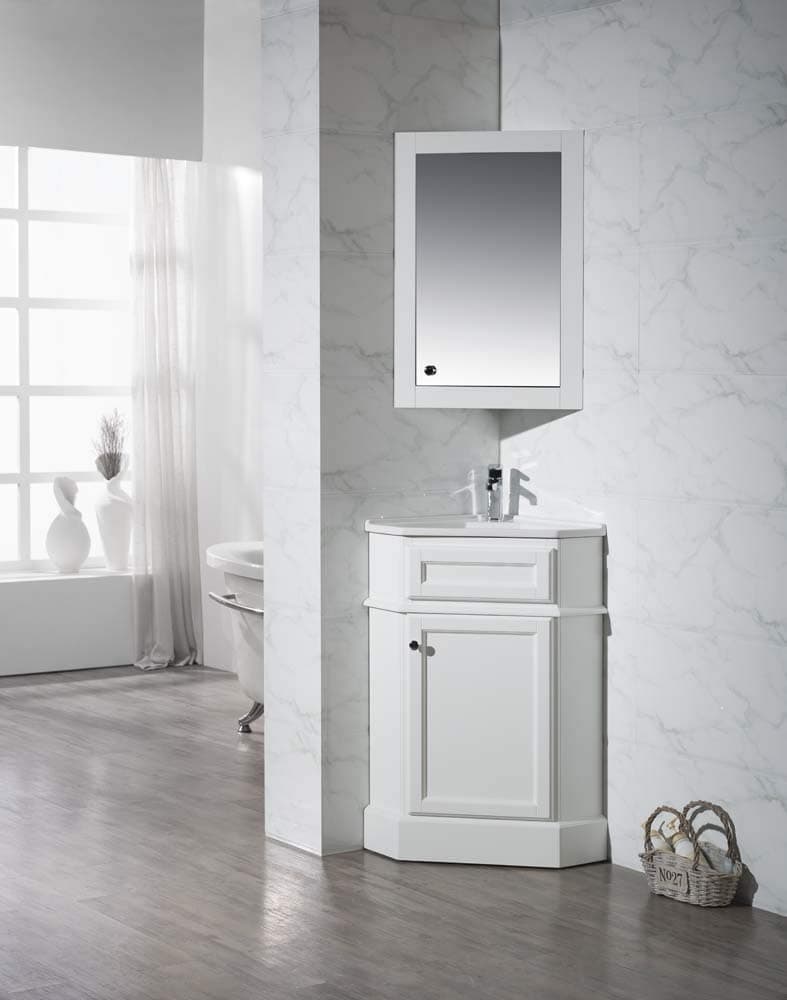 Stufurhome TY-415PW Modern Hampton Corner Bathroom Vanity with Medicine Cabinet, White, 27"