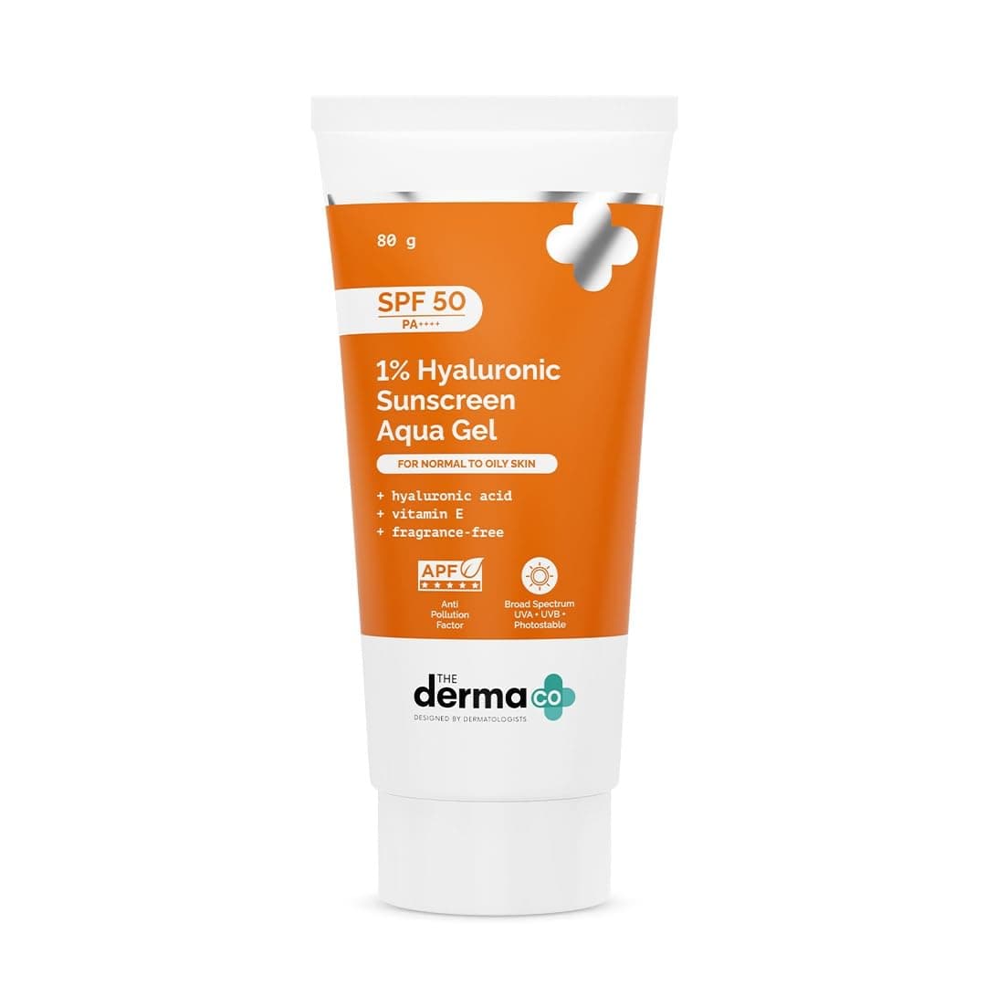 The Derma Co 1% Hyaluronic Aqua Gel Sunscreen SPF 50 PA++++ with Vitamin E, Oil-Free, No White Cast | Broad Spectrum UVA/UVB, Blue Light & Anti-Pollution Protection, Fast-Absorbing & Hydrating, 80g