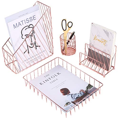Nugorise 4 in 1 Desk Accessories Organizer, File Holder, Mail Sorter, Pen Holder and Paper Tray, Decorative Wire Home Office Supplies Storage Rack, Gold