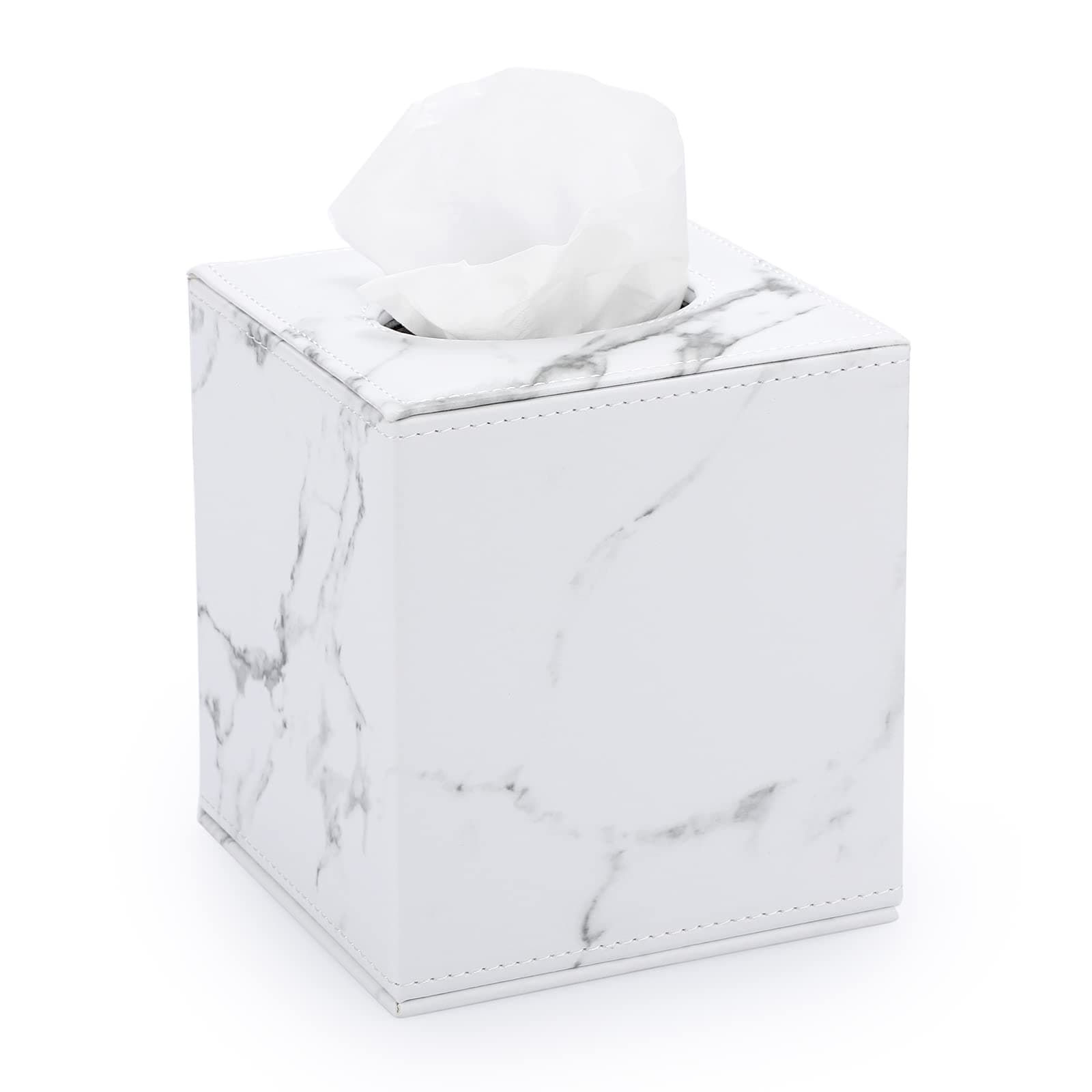 Square Leather Tissue Box Cover - Stylish Cube Tissue Box Holder with Magnetic Bottom, Decorative PU Tissue Box for Vanity Dresser Night Stand Table Countertop Home Office Car, Marble White