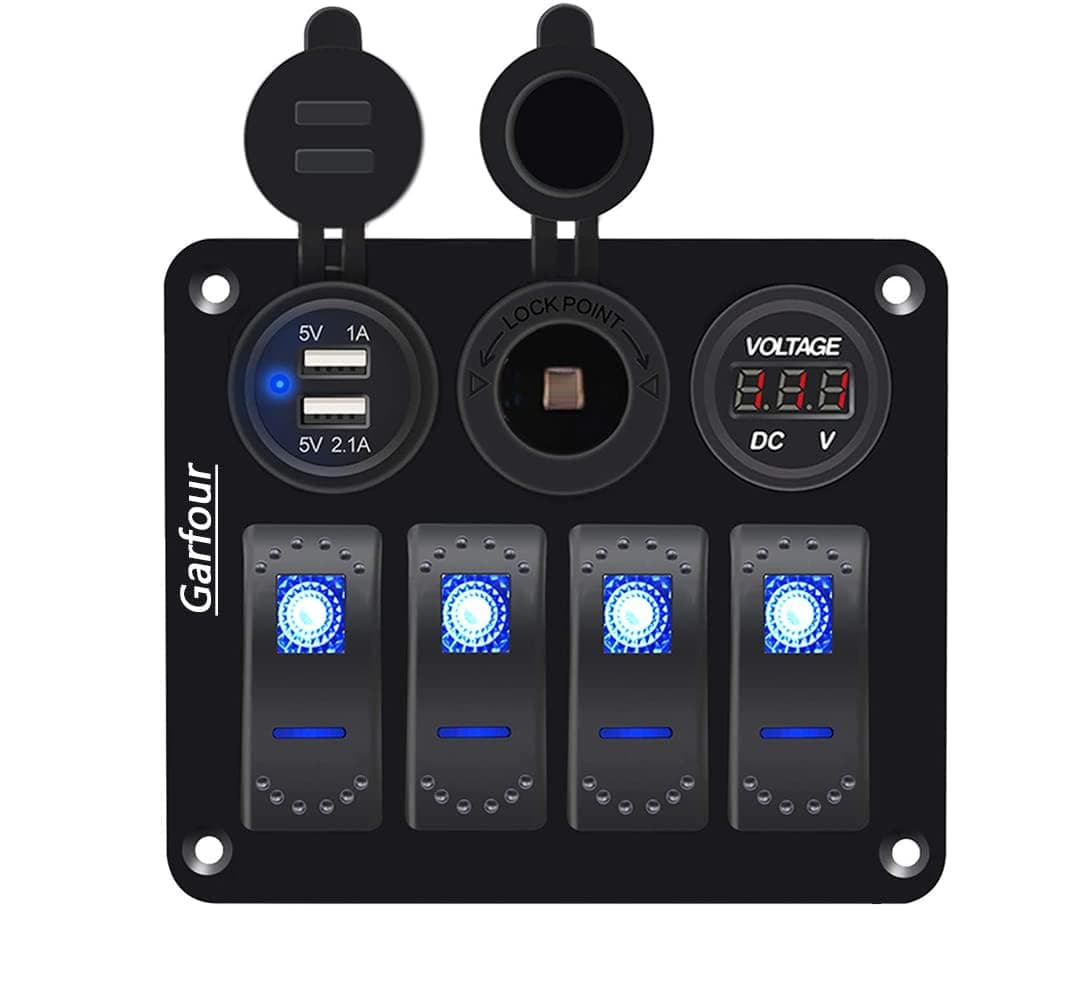 4 Gang Boat Switch Panel, Marine-Grade Waterproof Aluminum Switch Panel with 12V Voltmeter, 3.1A Dual USB Charger &Lighter Socket - Universal for Marine, RV, Truck Control Dashboards