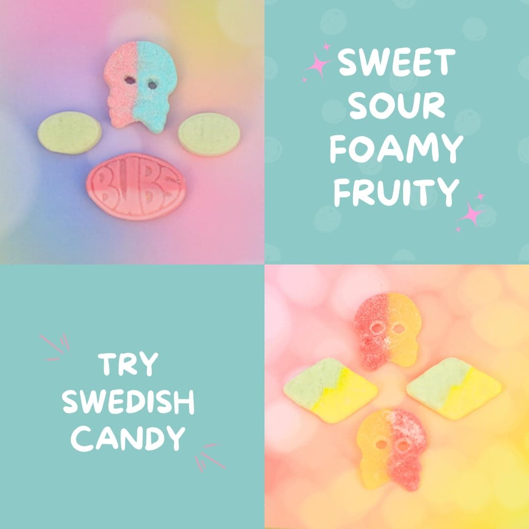 Bubs Swedish Candy, Sweet and Sour, Original Swedish Candy, Sweet and Sour Mix 1 LBS Bubs Candy, Vegan, Gluten free, Bubs Skulls, Bubs Ovals, Goody, Assorted Mix Made in Sweden, Gummy Candy