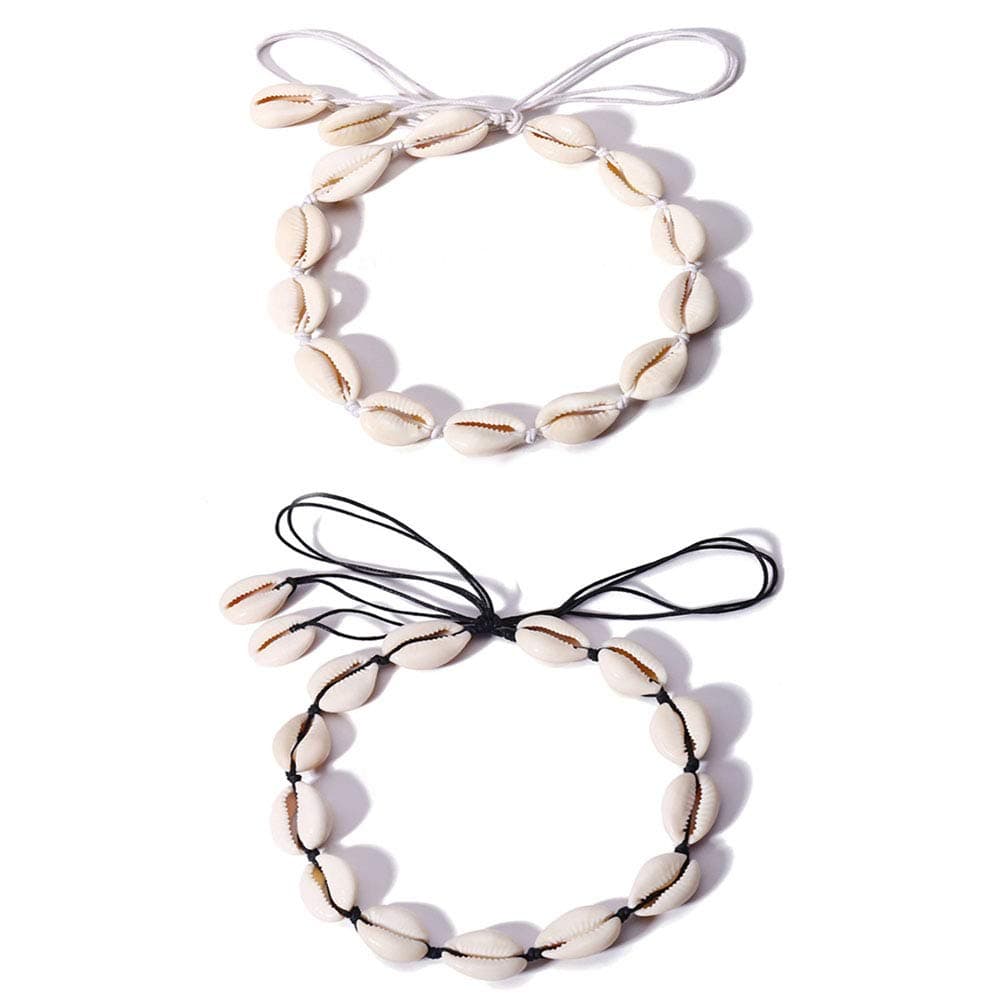 Mingjun2Pcs Natural Shell Choker Handmade Hawaii Cowrie Shell Necklace Beach Choker Adjustable Necklace for Women Girls