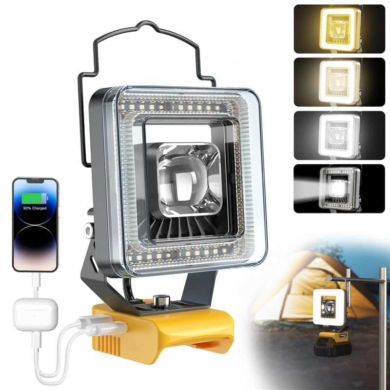 Cordless LED Work Light for Dewalt 20v Battery, LIVOWALNY 60W 6000 Lumens LED Flood Light, 4 Color Temperature Modes Portable Battery Light Spotlight Flashlight Flash Light for Camping, Reading