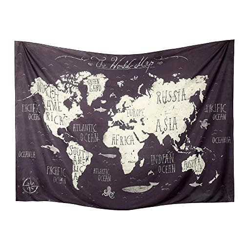 World Map Tapestry Wall Hanging Atlas Art Decor Dorm Large Vintage Geography Earth Globe Tapestries Hangings (Black and Gray, 59.1ʺ × 76.7ʺ)