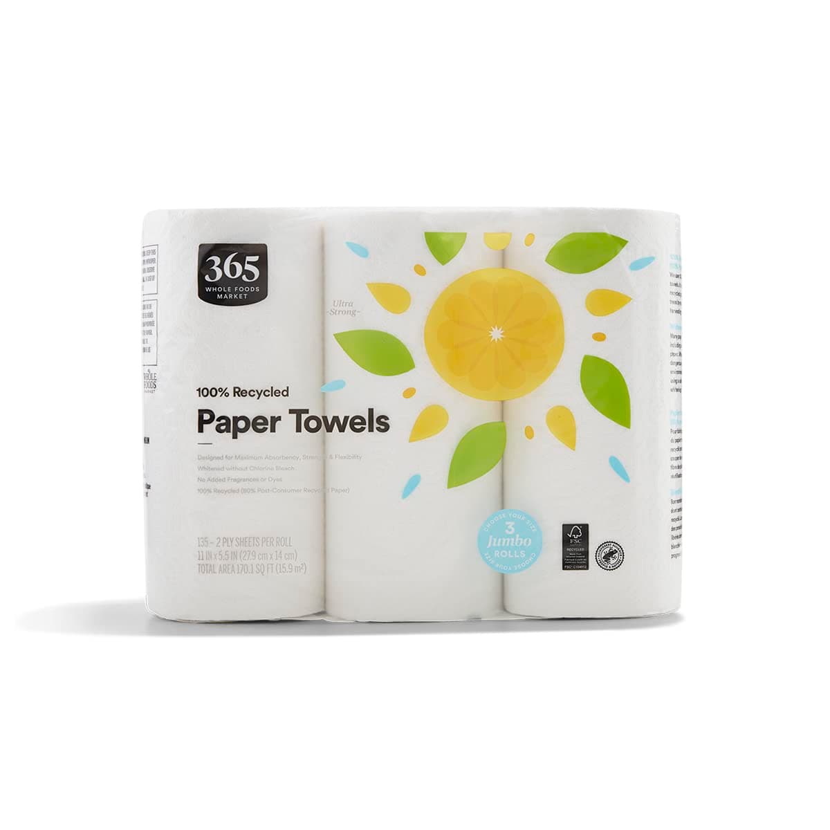 100% Recycled Jumbo Paper Towels, Ultra-Strong, 135 Sheets per Roll, 3 Count