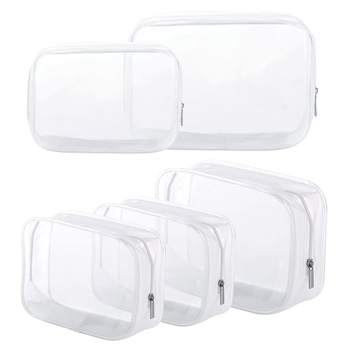 5 Pack Clear Plastic Zippered Toiletry Carry Pouch TSA Approved Toiletry Bag Portable Cosmetic Makeup Bag for Vacation, Bathroom and Organizing, White, Small/Large, Toiletry Bags